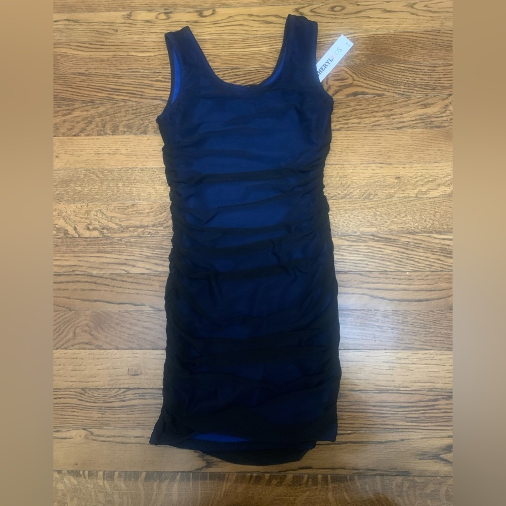 Cheryl Kids Creations ruched tank dress, blue with black mesh over. New w tags.